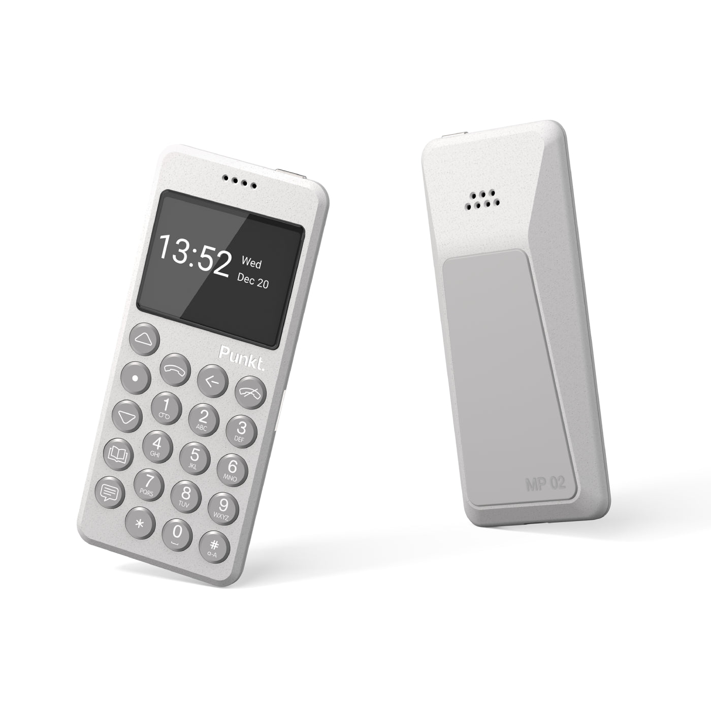Punkt MP02 mobile phone in light grey, front and back view, showing the clean design and subtle texture.