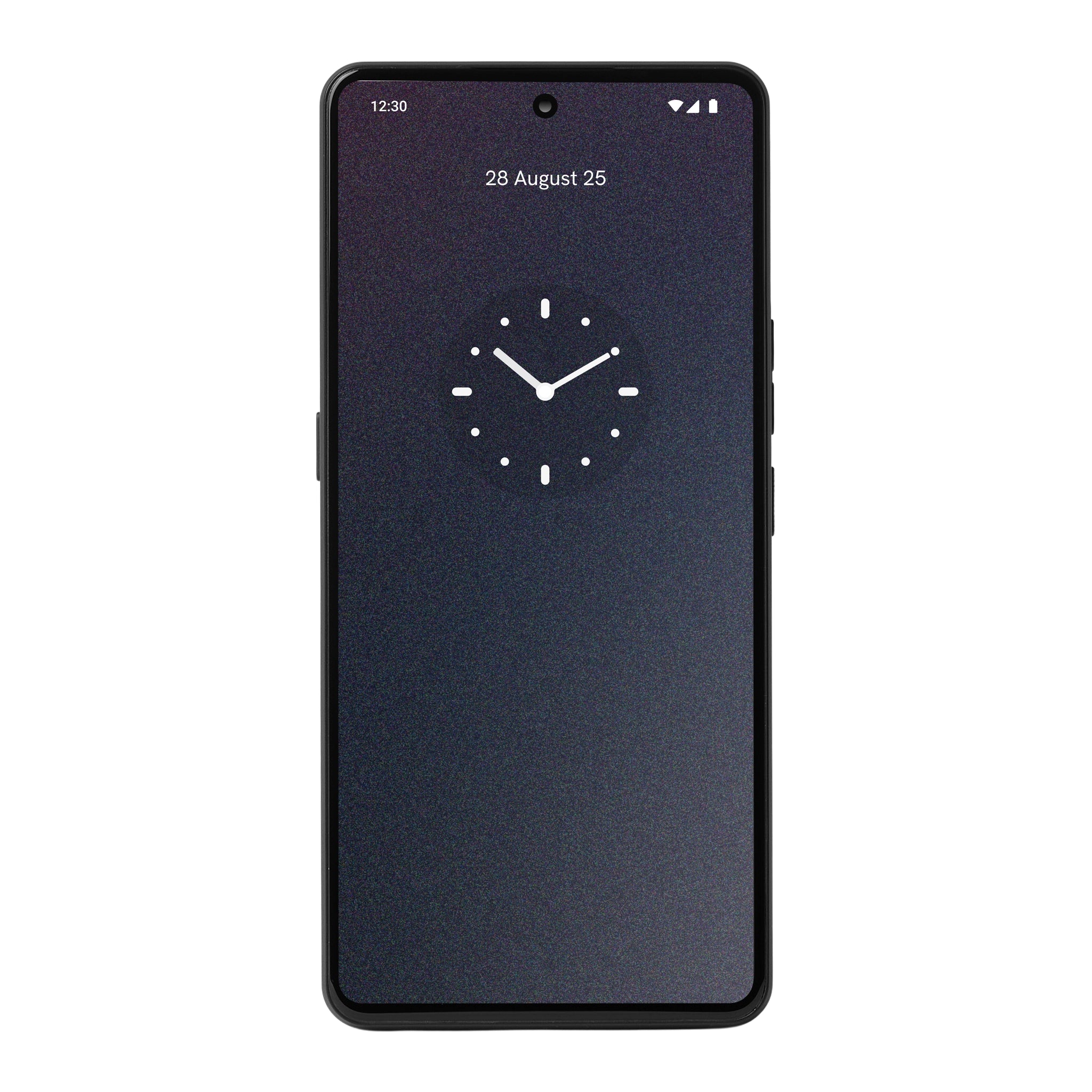 Black smartphone with a clock app on the screen against a white background