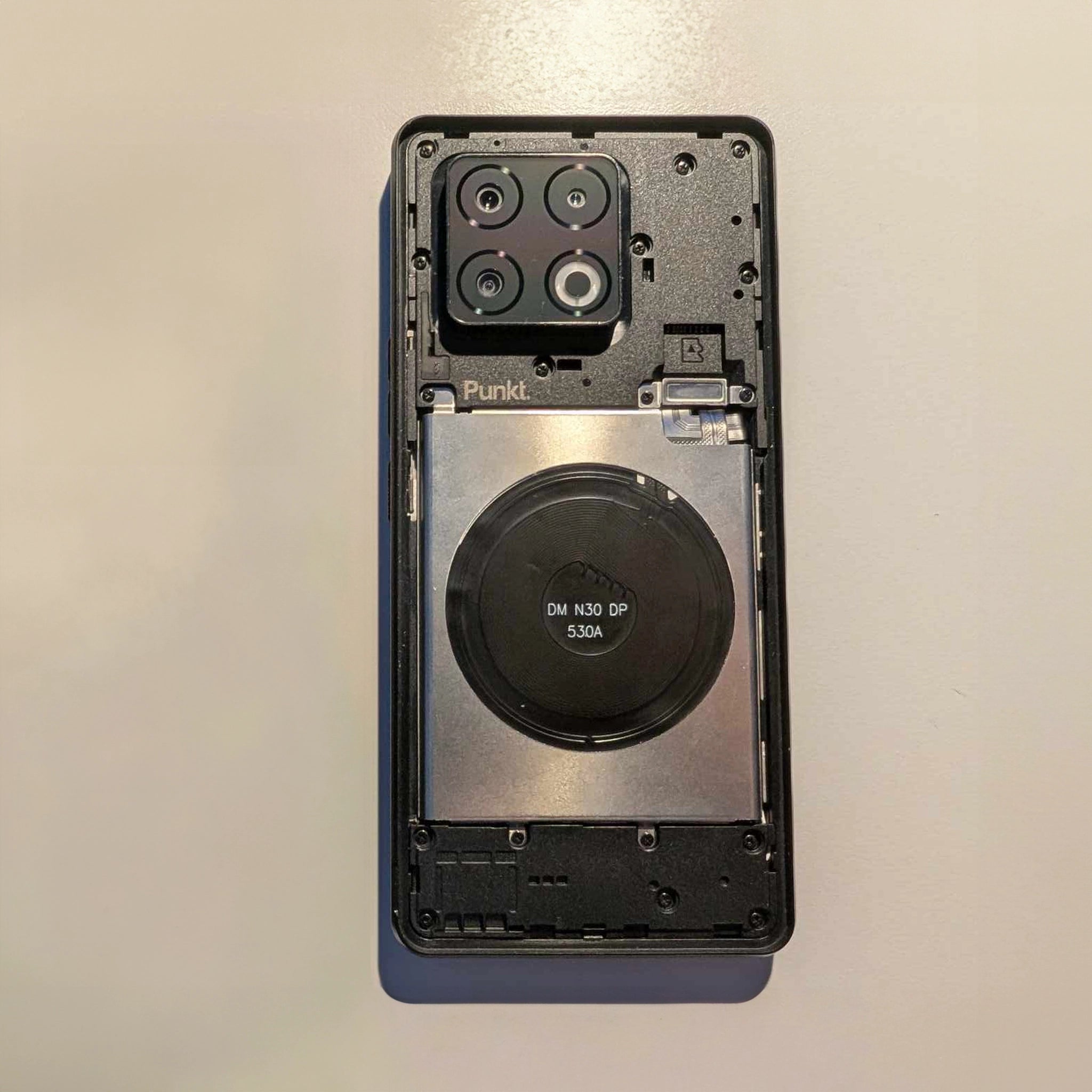 Back cover of a smartphone with camera module on a light gray background