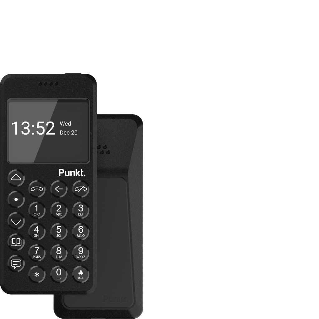 Front and angled view of a black Punkt. MP02 minimalist mobile phone with keypad and small display.
