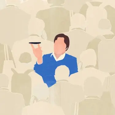 Minimalist illustration showing a person in a blue shirt holding up a phone, surrounded by a crowd.
