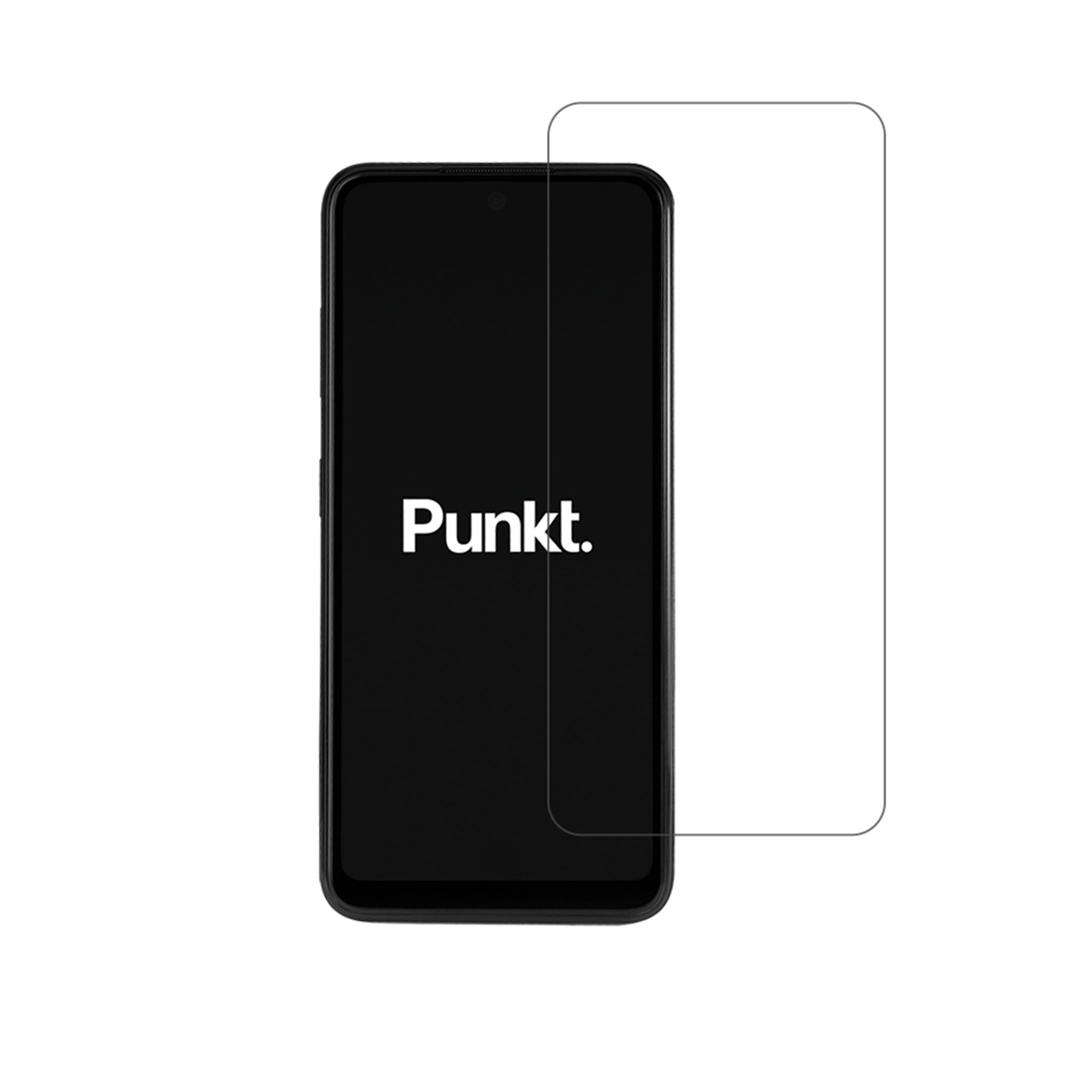 Punkt. MC02 smartphone front view with transparent screen protector overlay.
