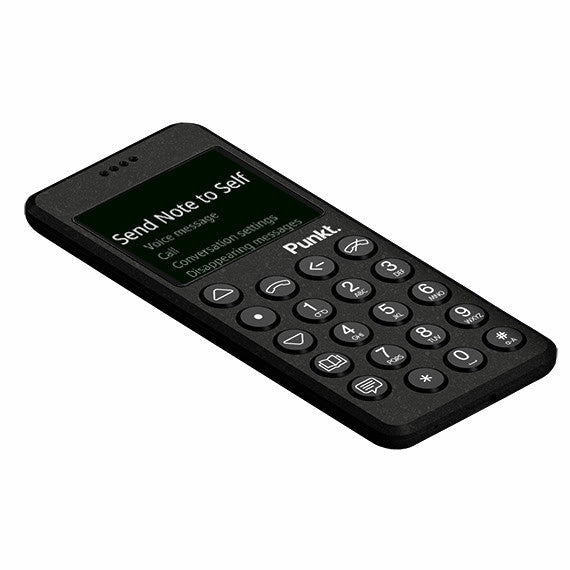 Black Punkt. MP02 phone angled on white background – Close-up of the phone’s keypad and screen displaying the menu item “Send Note to Self.”