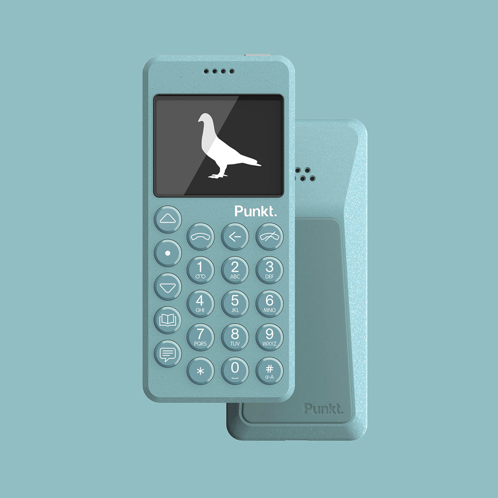 Blue Punkt. MP02 phone with a pigeon icon displayed on the screen against a matching blue background.