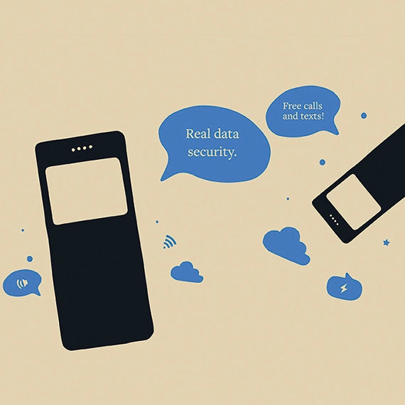 Graphic of two phones with speech bubbles – Illustration of two black phone silhouettes on a beige background with blue speech bubbles reading “Real data security.” and “Free calls and texts!” among small cloud and signal icons.