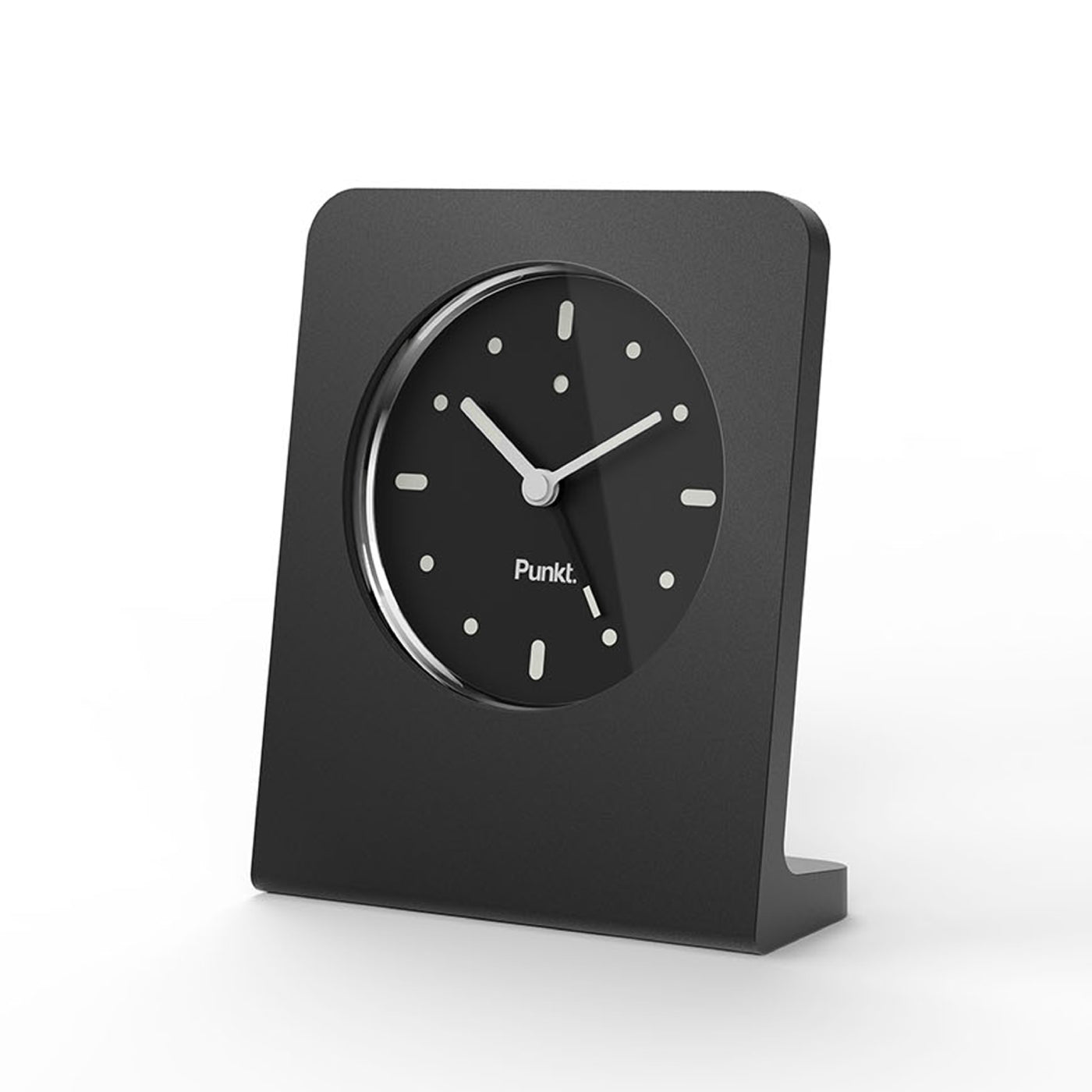 Punkt AC02 minimalist alarm clock with black dial and black second hand, angled view against a white background.