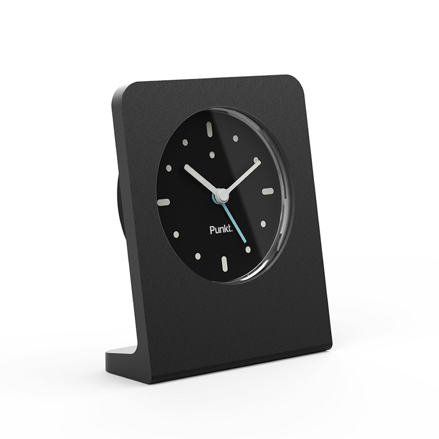 Punkt AC02 alarm clock with black face and pale blue second hand, viewed at an angle, combining clarity and subtle detail.
