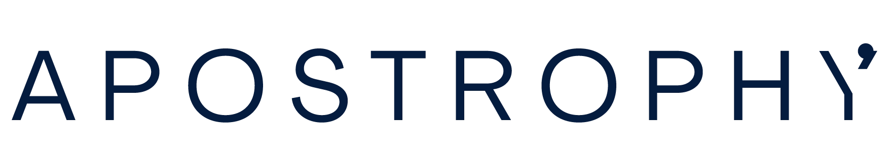 APOSTROPHY logo in navy blue with a stylized apostrophe above the final letter Y.