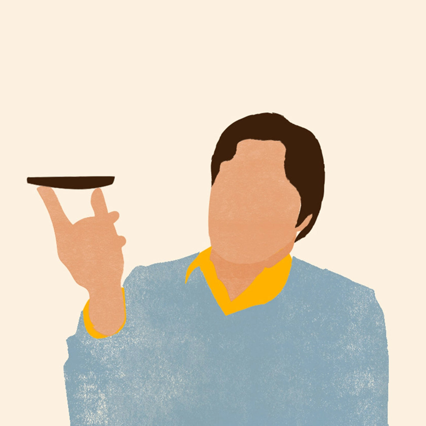 A stylized illustration of a faceless man in a blue sweater and yellow shirt collar holding a phone on his raised index finger.