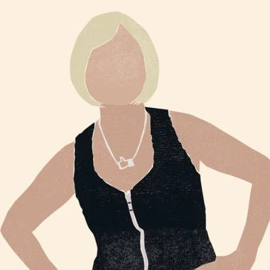 “Illustration of a woman with short blond hair wearing a black vest.”