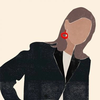 “Illustration of a woman with long brown hair wearing a black blazer and red earring.”