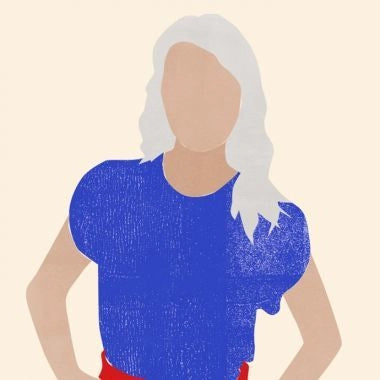 “Illustration of a woman with long white hair in a blue top.”