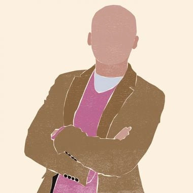 “Illustration of a bald man in a brown jacket with arms crossed.”