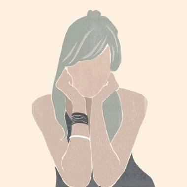 “Illustration of a woman with long hair resting her chin on her hands.”