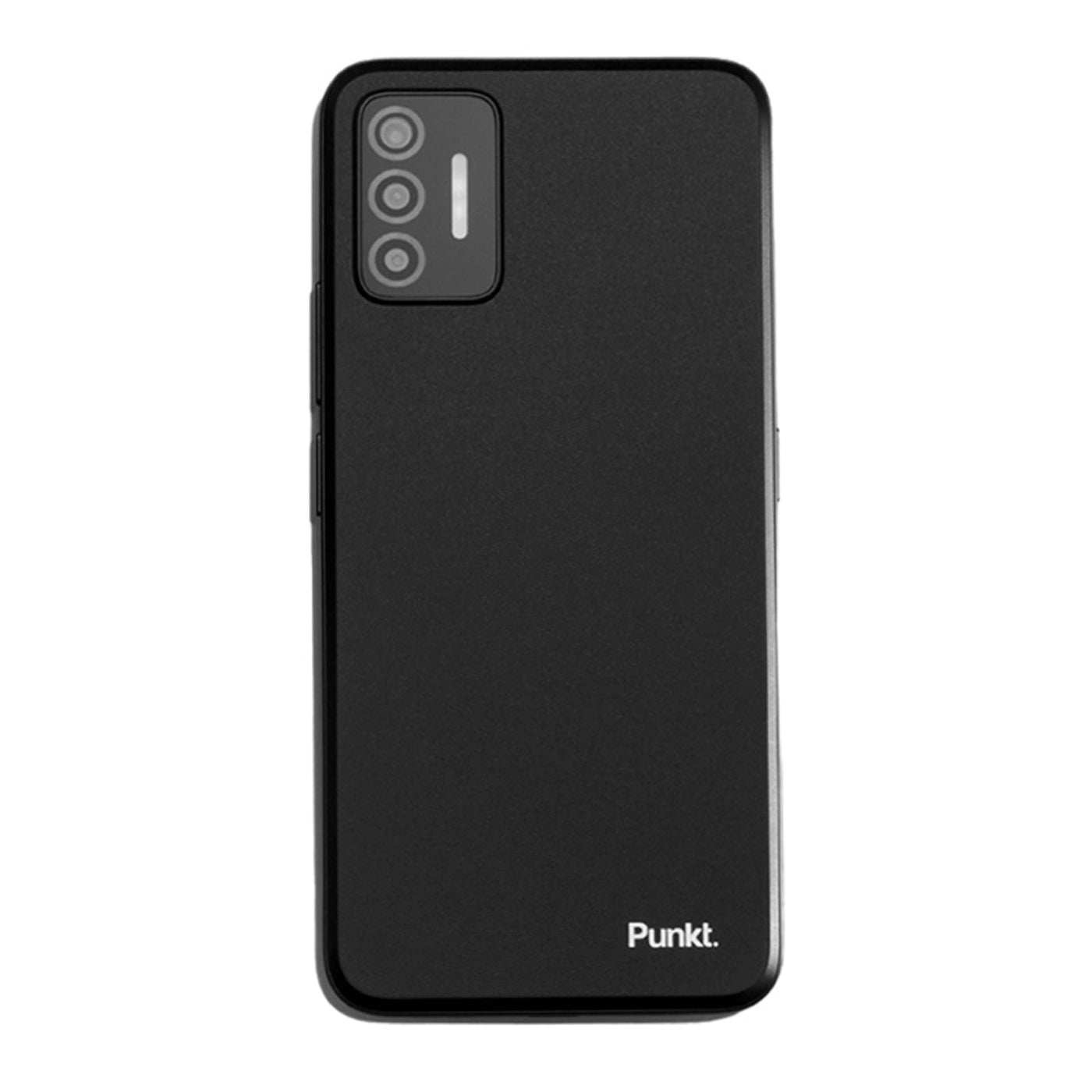 Rear view of the black Punkt MC02, highlighting its triple camera setup and clean minimalist design.