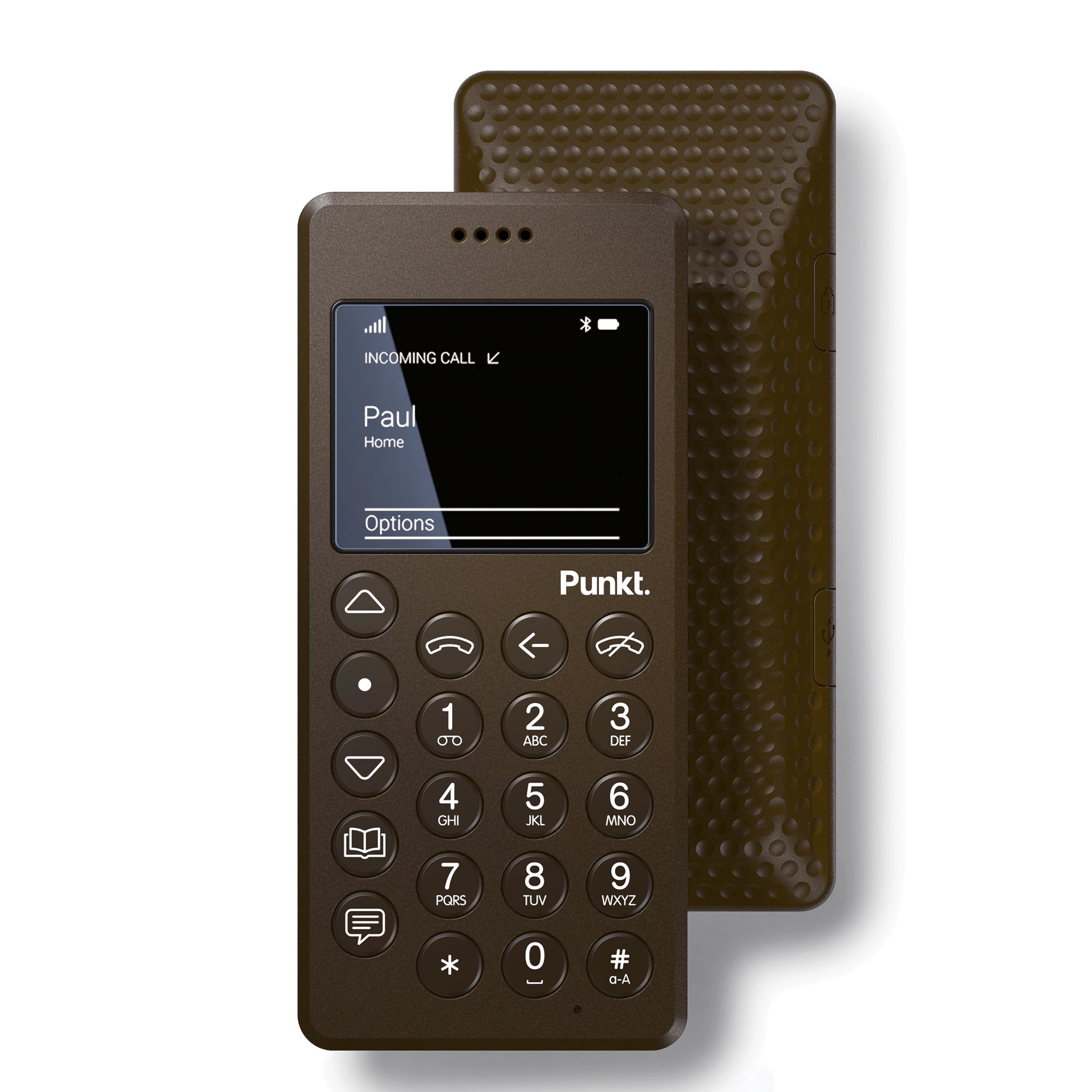 Front and back view of the Punkt. MP01 mobile phone in brown. The front screen displays an incoming call from “Paul – Home.” The phone features a minimalist keypad and a textured back cover.