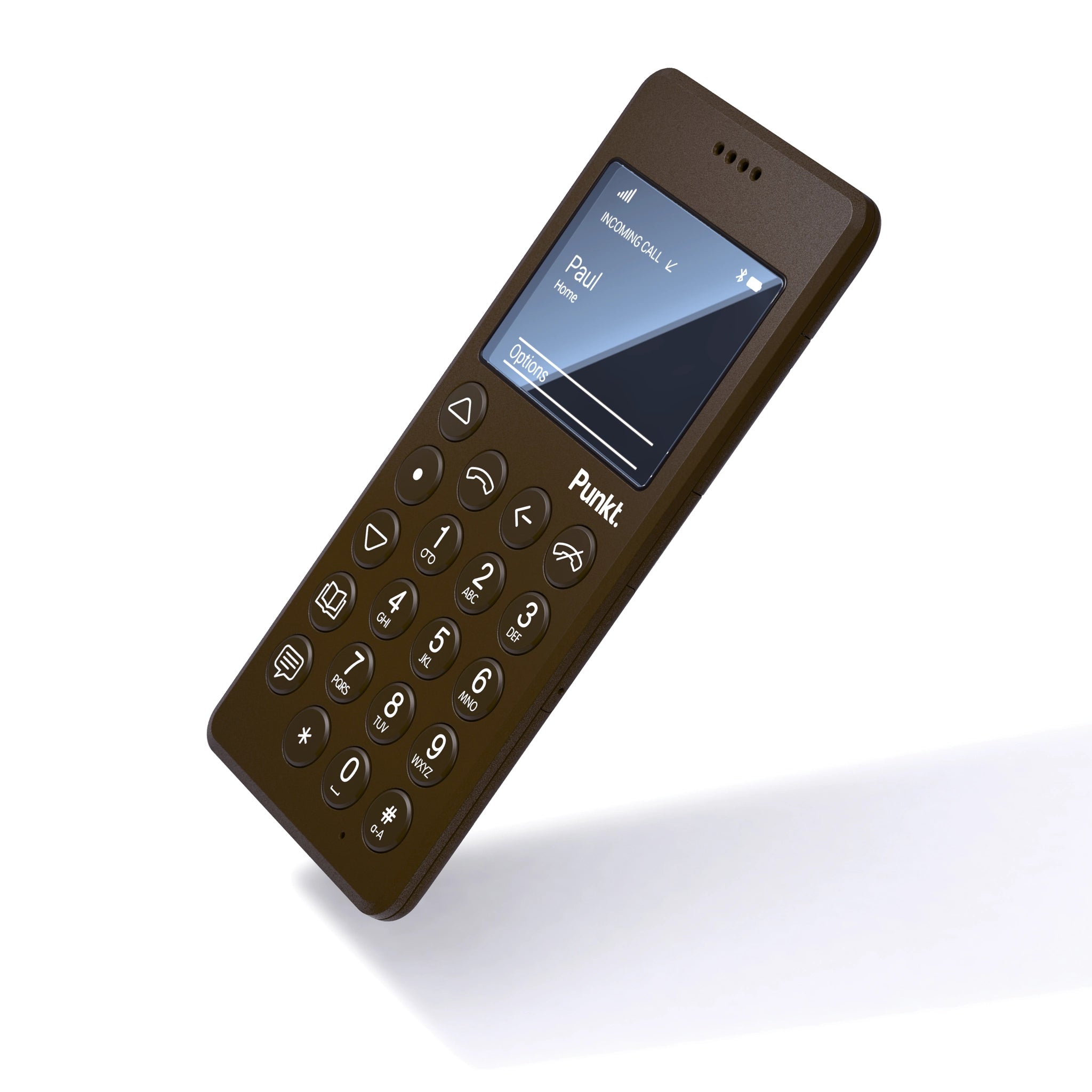 Angled view of the Punkt. MP01 mobile phone in brown, shown upright against a white background. The screen displays an incoming call from “Paul – Home.” The minimalist design and keypad layout are clearly visible.