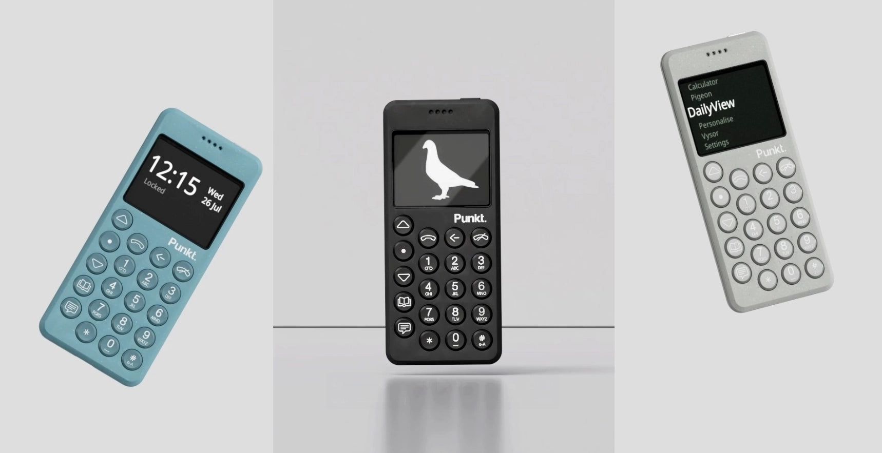Three Punkt. MP02 minimalist phones in different colors (blue, black, and light grey) displayed on a neutral background with screens showing lock time, pigeon icon, and menu interface