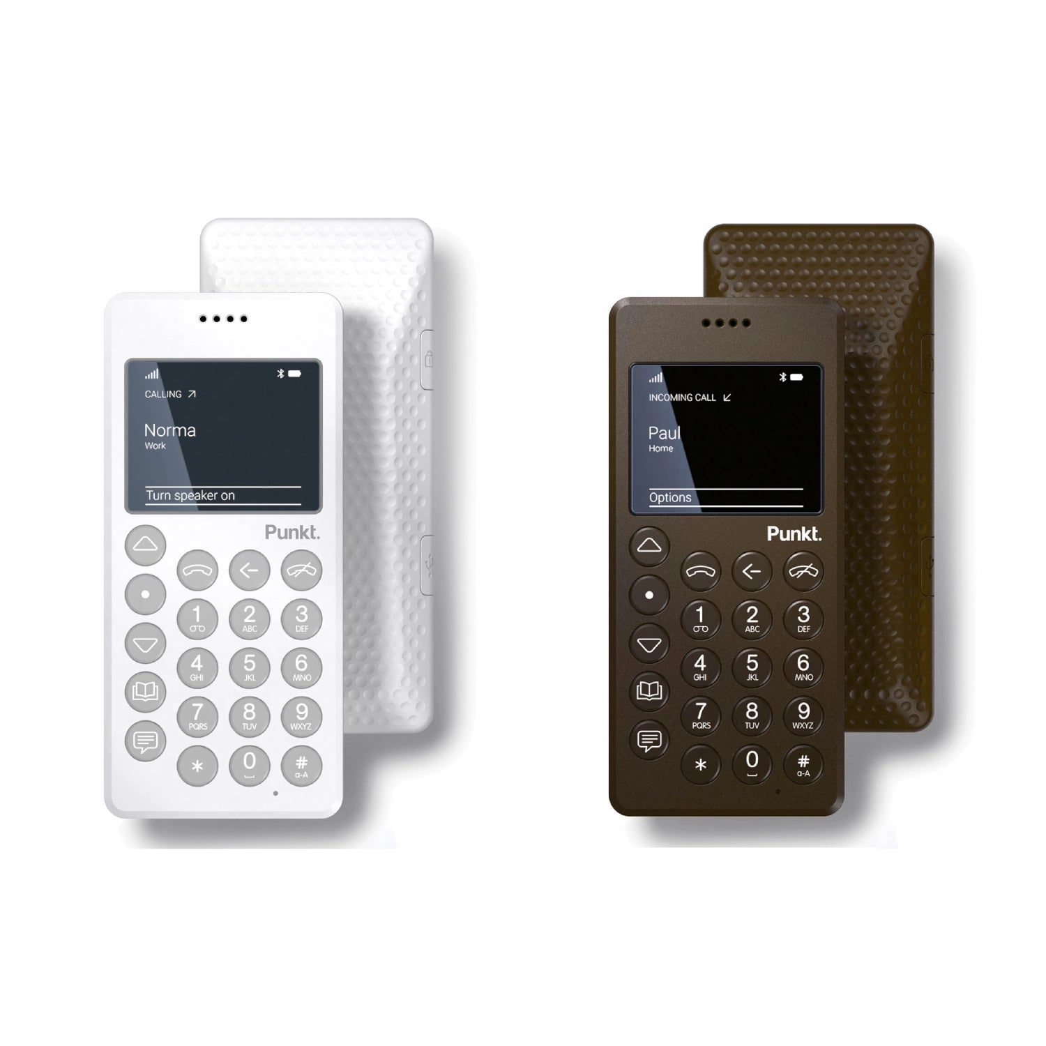 Punkt. MP01 minimalist mobile phones in white and brown, shown front and back with display on.