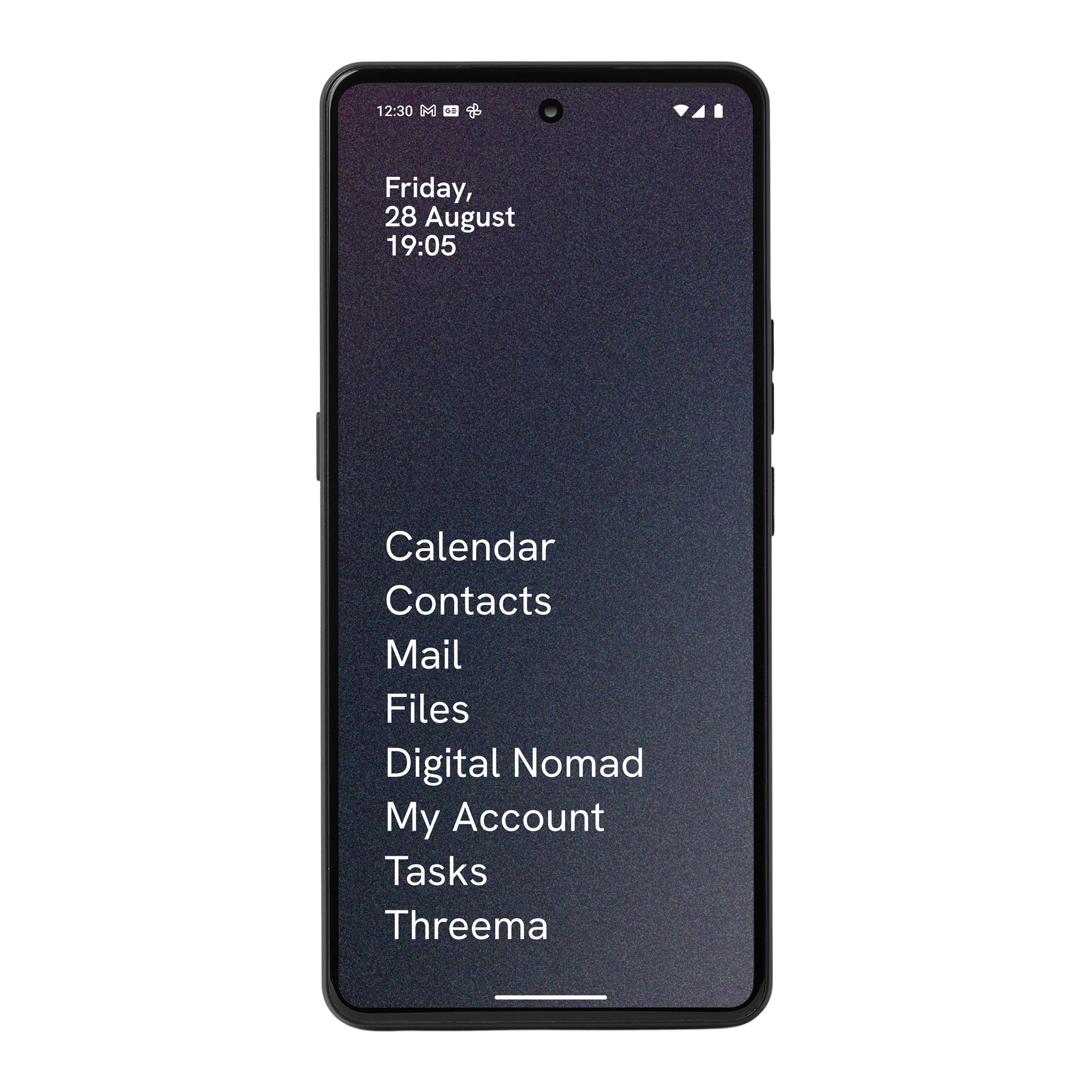 Smartphone displaying a list of app icons on a white background