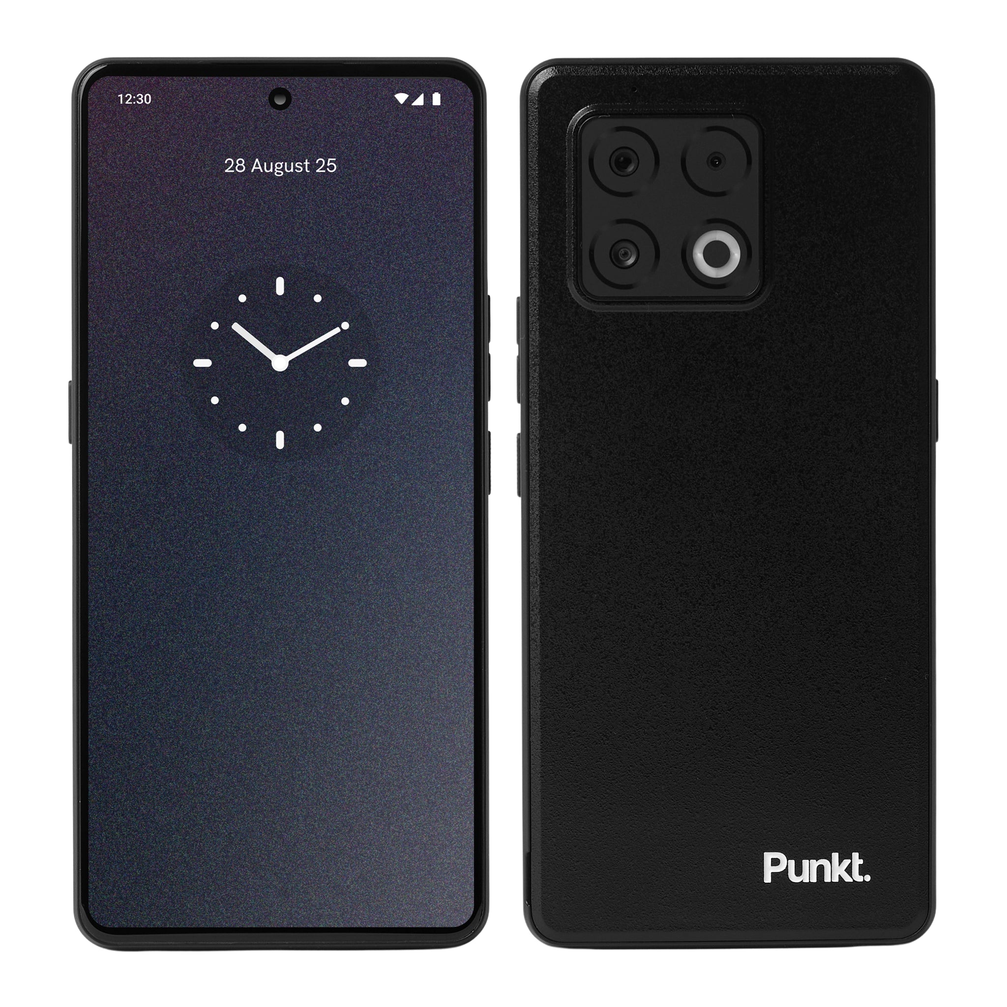 Black smartphone with clock app on screen and 'Punkt' branding on back