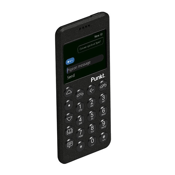 Black Punkt. MP02 phone standing on white background – Screen shows instructions for “Change phone number” with a continue option.