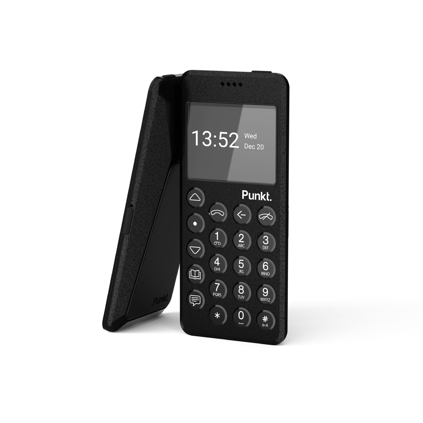Punkt MP02 mobile phone in black with flip cover open, featuring minimalist keypad design and monochrome screen.