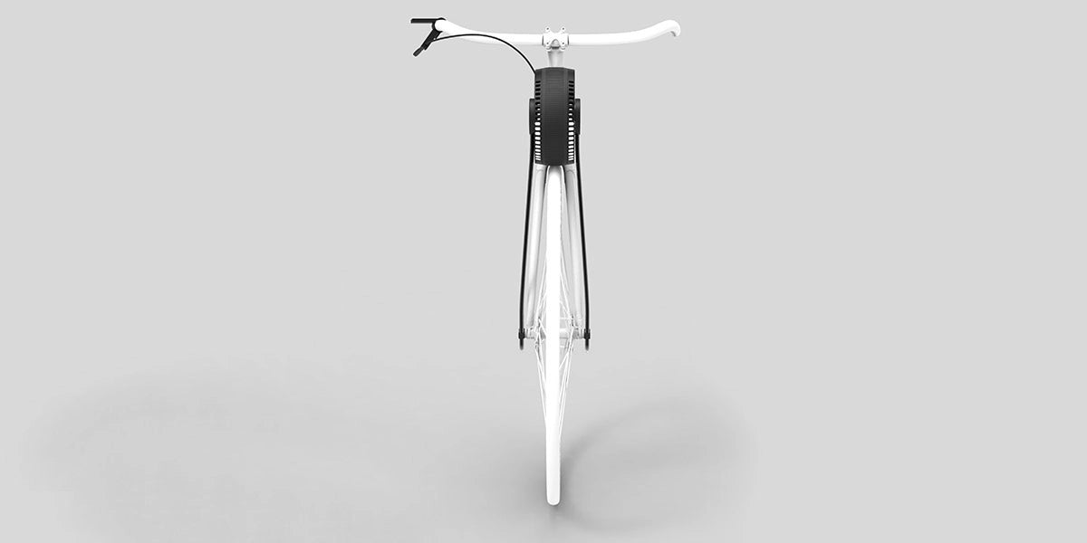 Front view of a minimalistic white bicycle showing the central alignment and integrated black electronic component along the front fork.