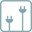 Logo with plugs – “Icon of two upright electrical plugs inside a square.”