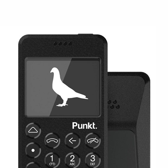Black Punkt. MP02 phone with pigeon icon – Display features a white silhouette of a pigeon on a black screen, above the Punkt. logo.