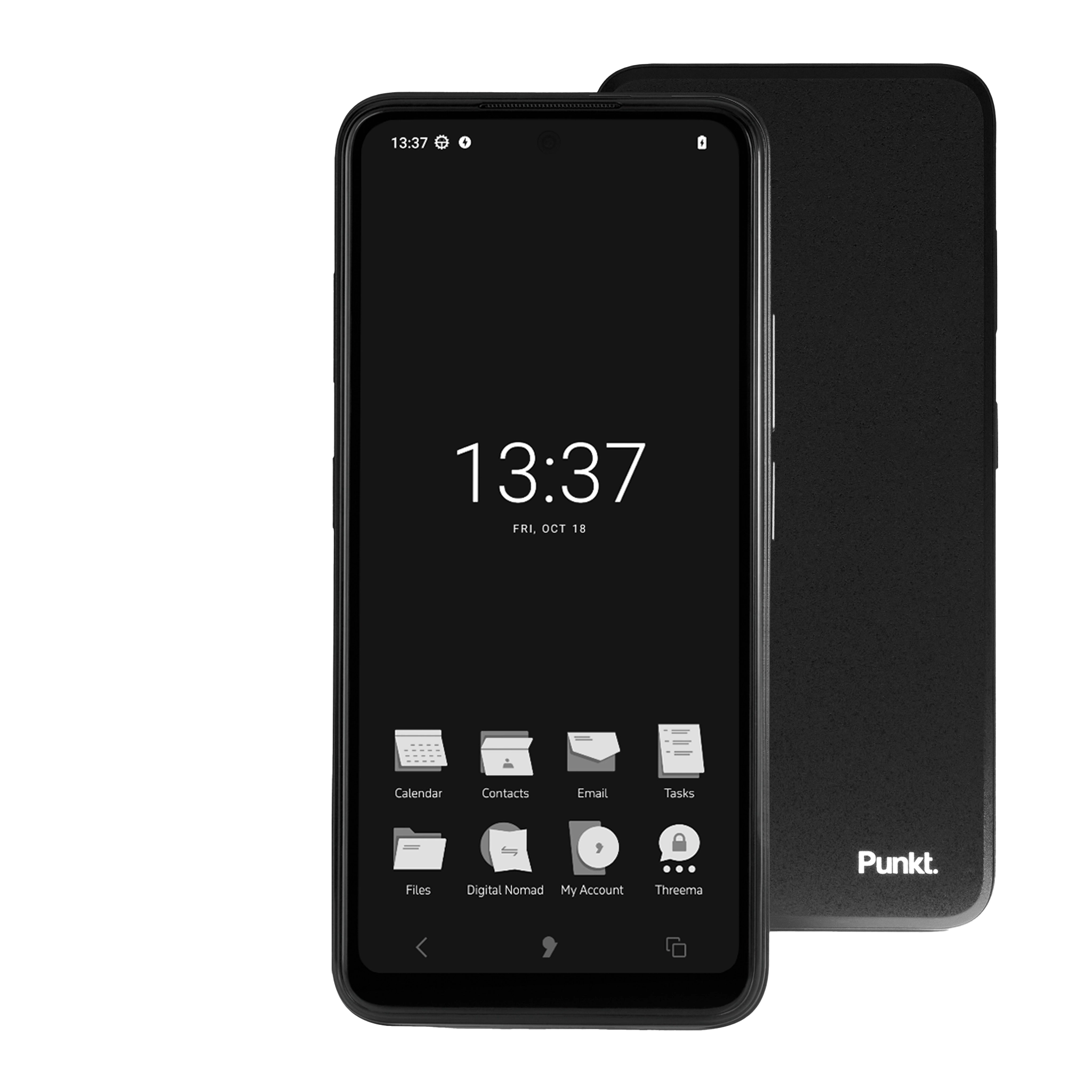 Front and back view of a Punkt smartphone displaying a minimalist black home screen with the time 13:37 and icons for apps such as Calendar, Contacts, Email, Tasks, Files, Digital Nomad, My Account, and Threema.