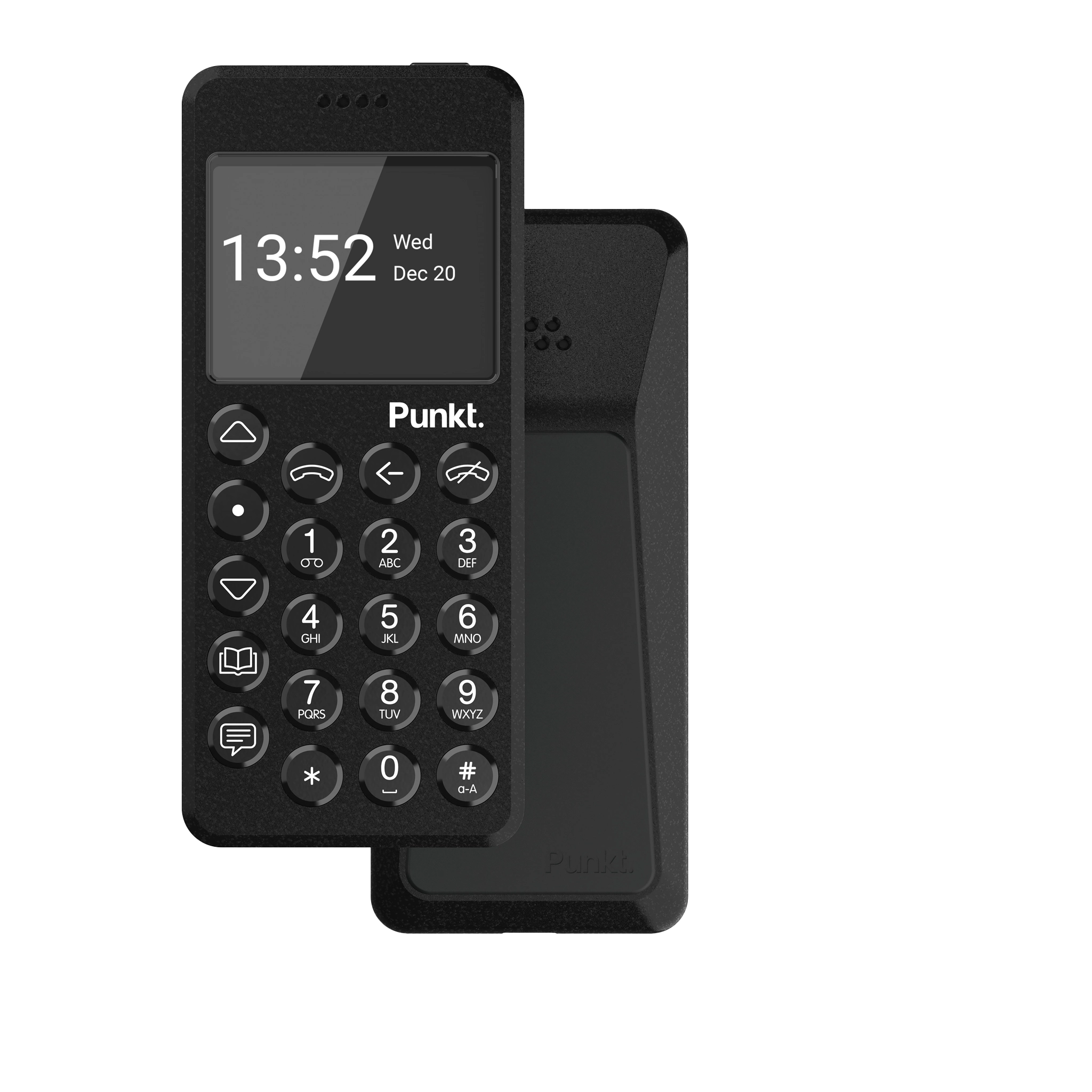 Front and back view of a black Punkt MP02 mobile phone, showing a small screen with the time 13:52 and date Wednesday December 20, and a physical keypad with circular buttons.