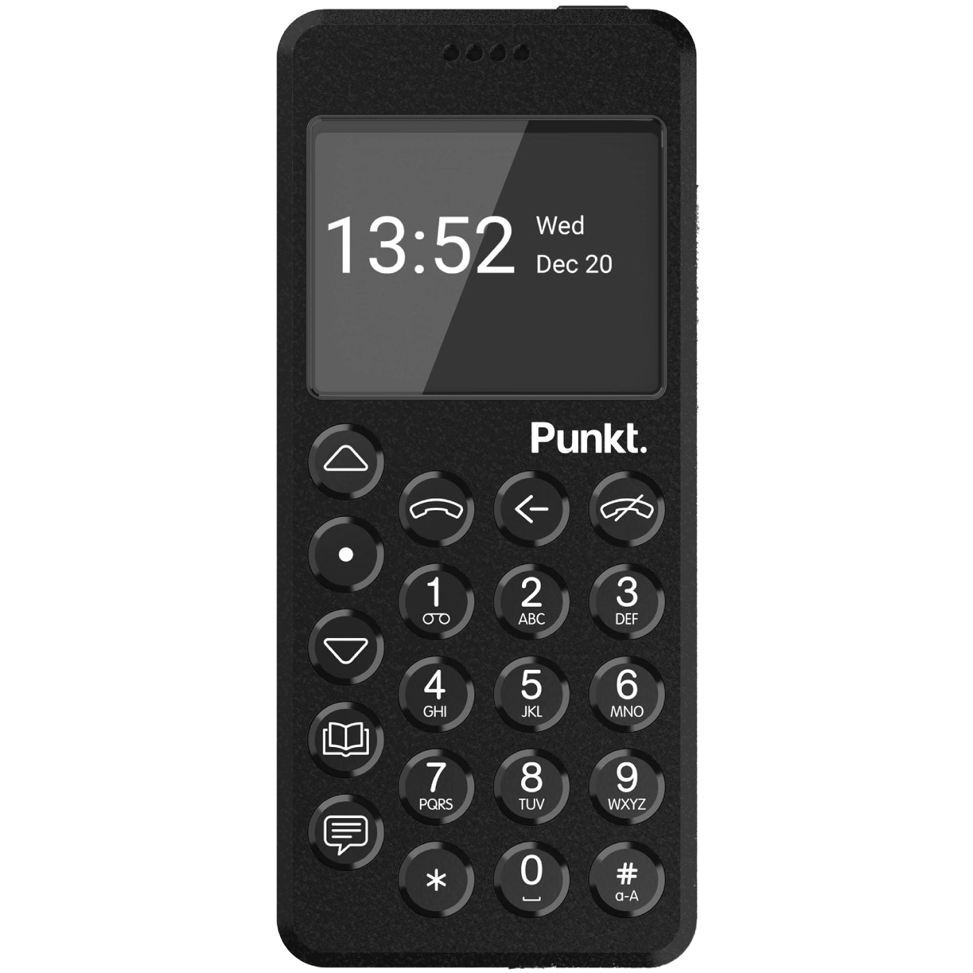 Black Punkt MC02 seen from the front, screen off, placed on a neutral background without any white borders.