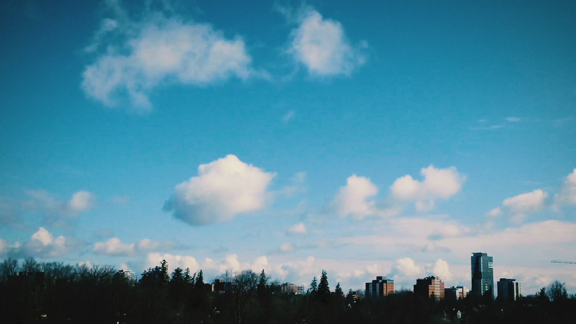 Video thumbnail showing a serene cityscape with scattered buildings and trees beneath a bright blue sky filled with fluffy white clouds, conveying a sense of calm and stillness.