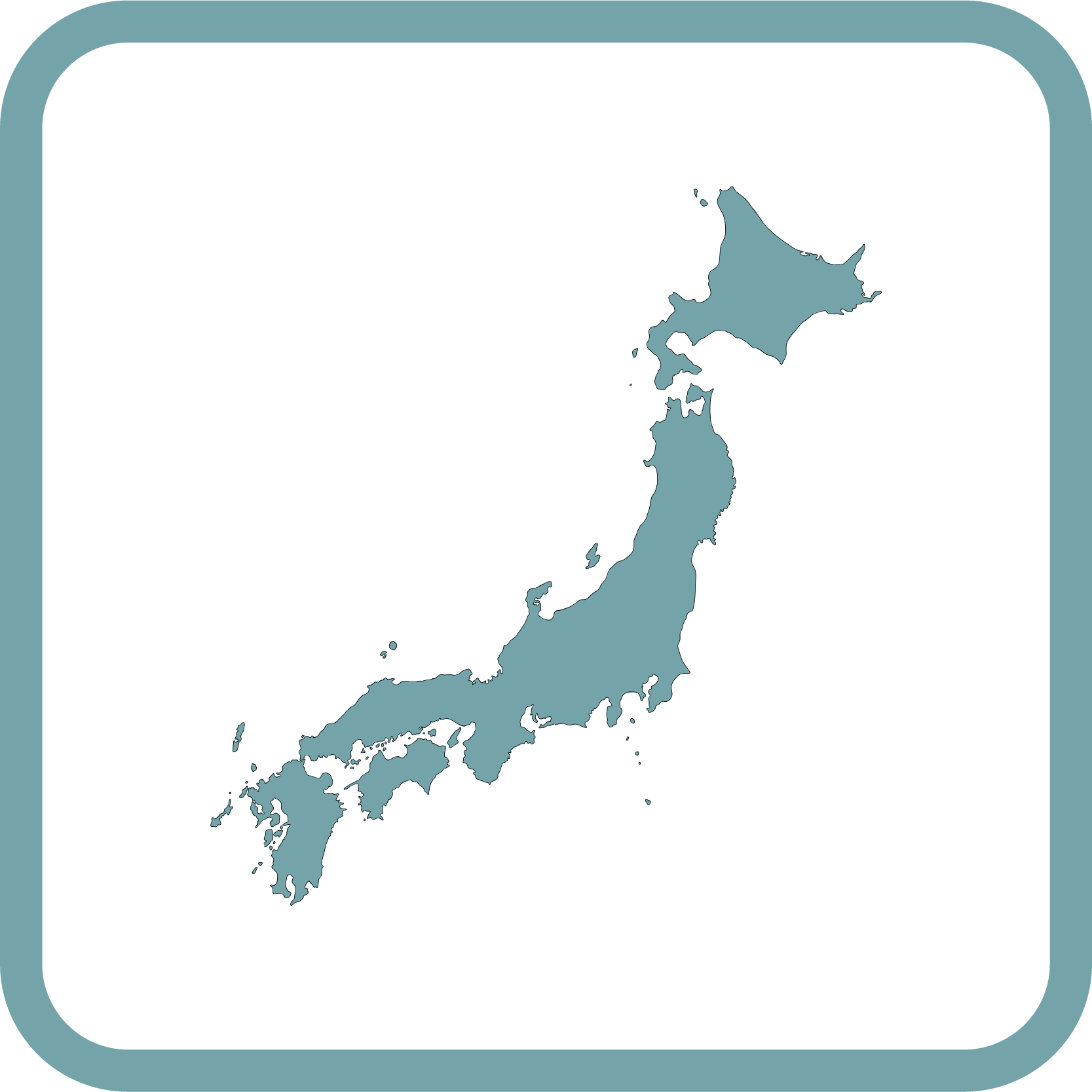 Simple teal silhouette map of Japan inside a rounded square frame.