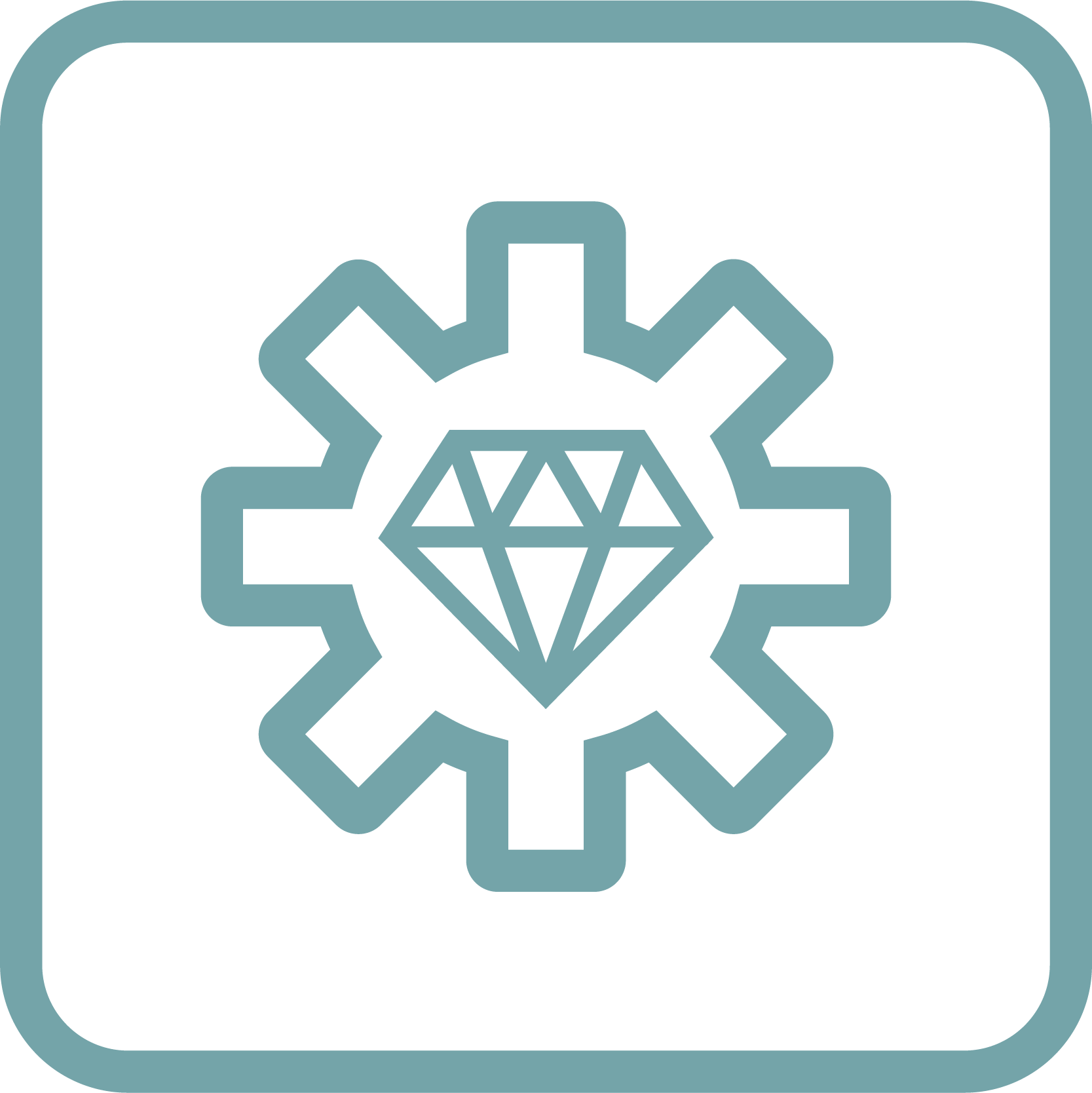 Teal gear symbol with a diamond shape in the center inside a rounded square.