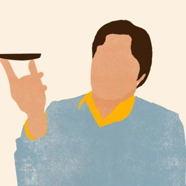 “Illustration of a man in blue standing in a crowd holding up a phone.”