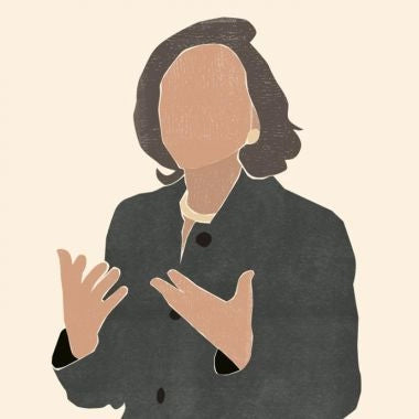 “Illustration of a woman in a dark jacket gesturing with her hands.”