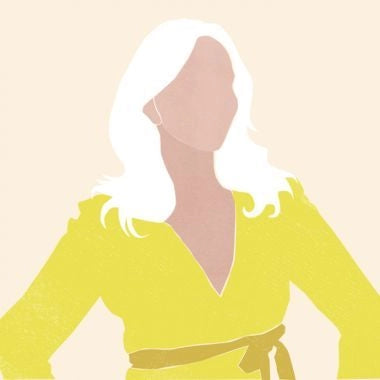 “Illustration of a woman with white hair wearing a yellow wrap dress.”