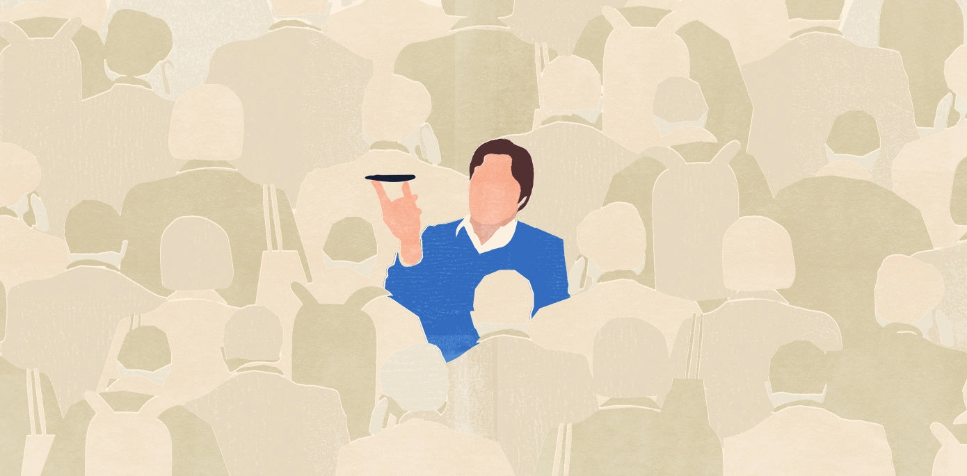“Illustration of a man in a blue shirt holding a phone above a crowd.”