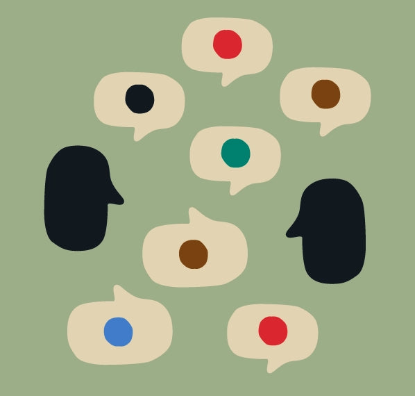 Abstract illustration of two human profiles surrounded by colorful speech bubbles on a green background, symbolizing communication.