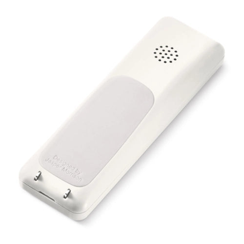 Rear view of the white Punkt. DP01 handset, showing the speaker grill and charging contacts with “Designed by Jasper Morrison” engraved.