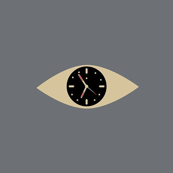 “Graphic illustration of a black analog clock inside the shape of an eye against a gray background.”