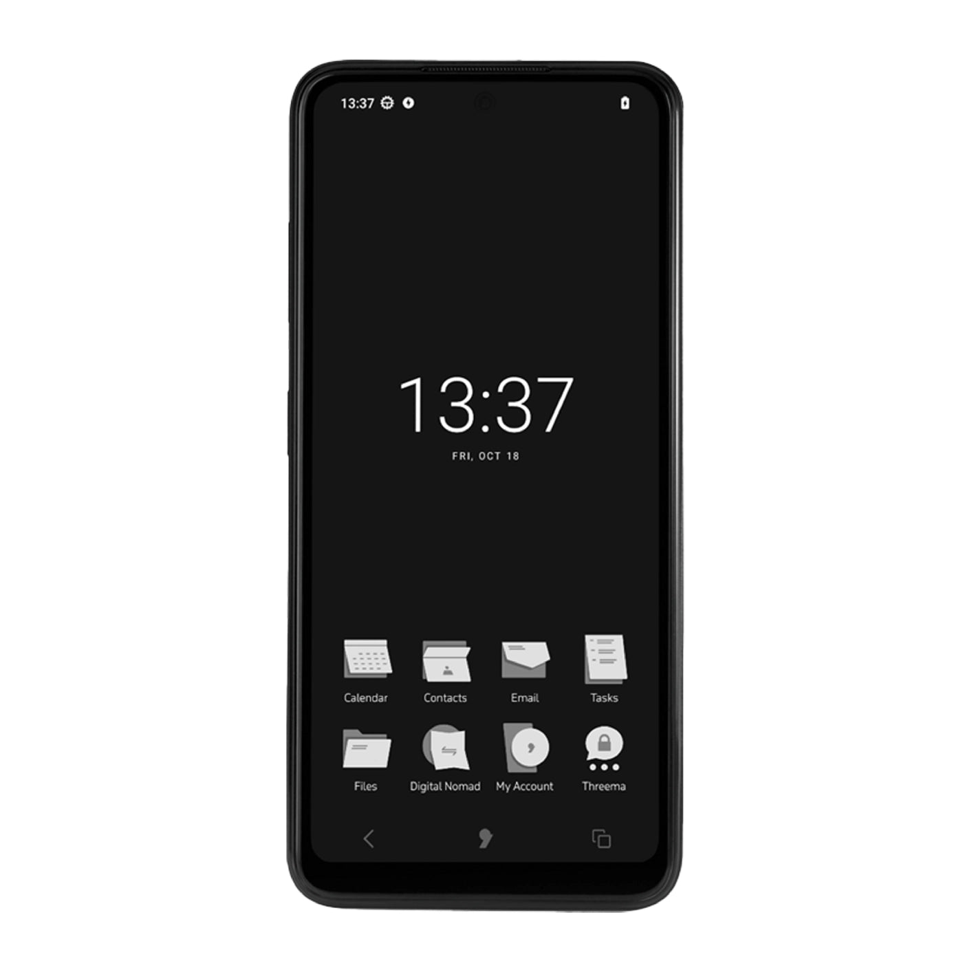 Front view of the Punkt MC02 in black, showing the minimalist design with its monochrome display and clean edges.