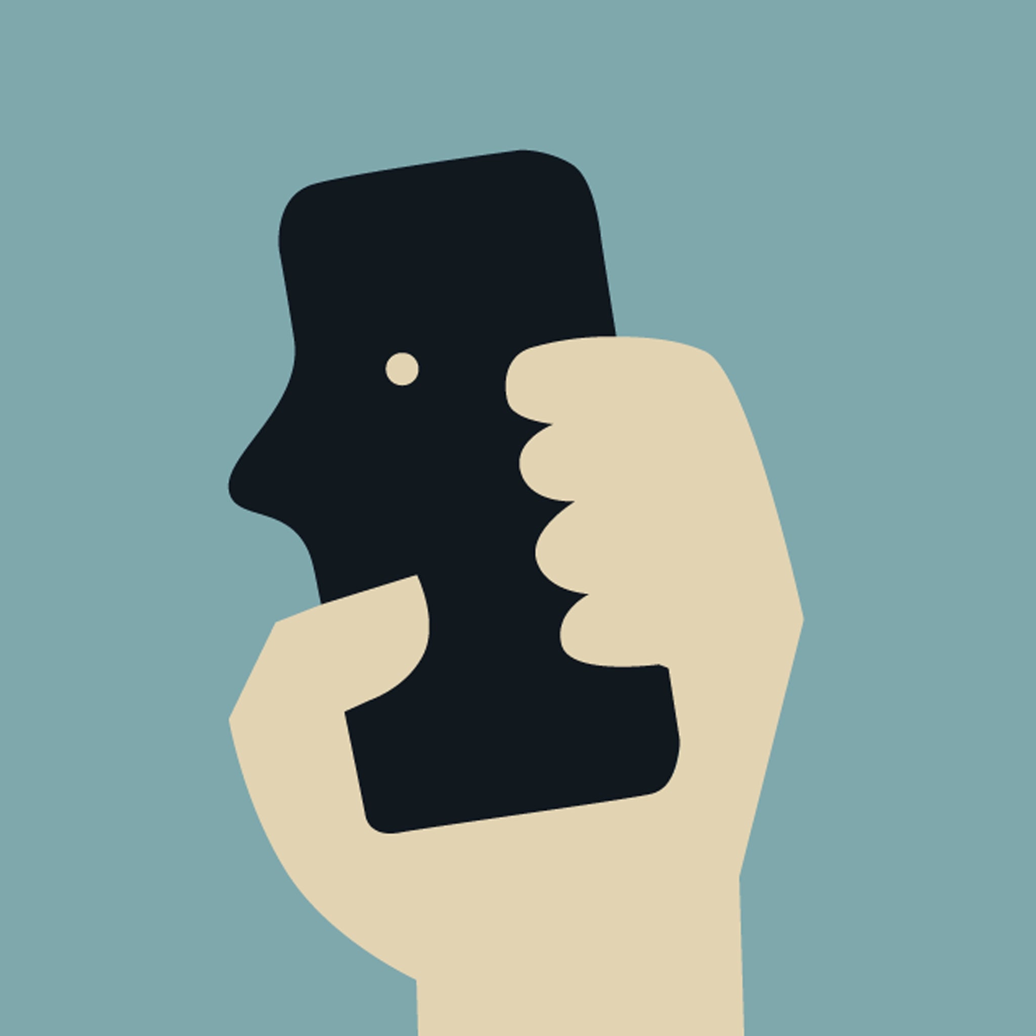  Stylized illustration of a hand holding a mobile phone, where the phone and thumb form the silhouette of a human face in profile. The design uses simple flat colors: beige for the hand and black for the phone, against a muted blue background.