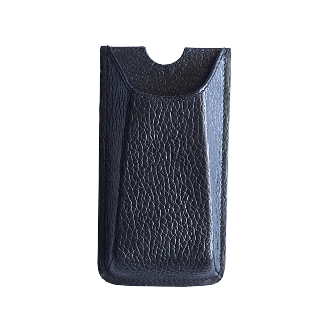 Close-up front view of the black leather case by Danny P designed for Punkt. MP02.