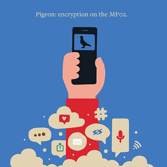Illustration of phone with encryption theme – Graphic of a raised hand holding a black phone displaying a pigeon icon, surrounded by colorful icons of messages, privacy, and social media, with the text “Pigeon: encryption on the MP02.”