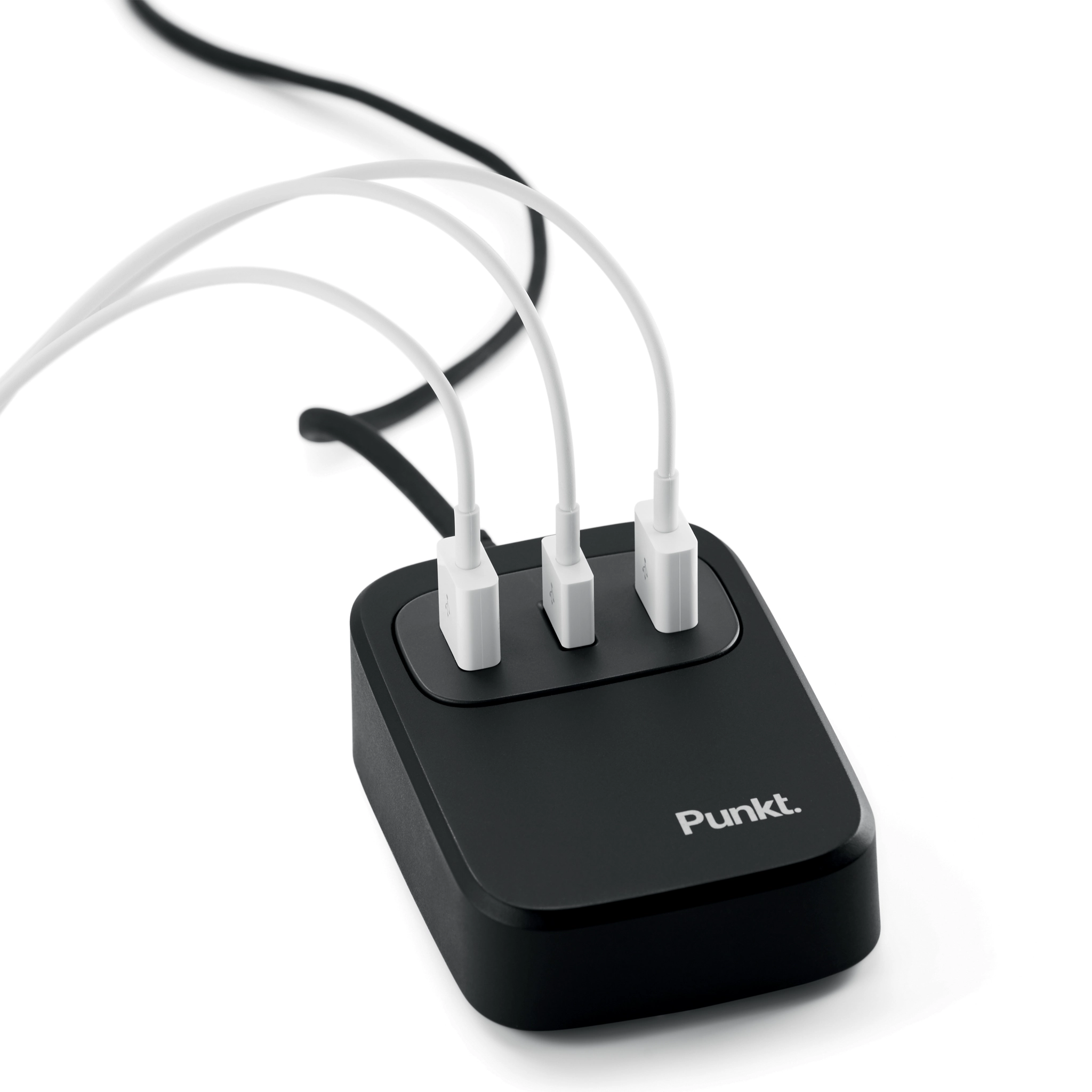 Punkt UC01 USB charging station with three white cables connected, shown in use on a white background.