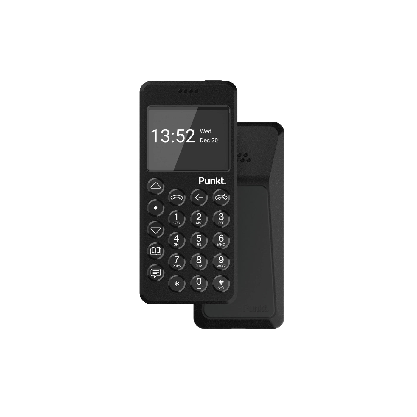 Front and back view of the Punkt. MP02 minimalist phone in black, with physical keypad and monochrome screen.