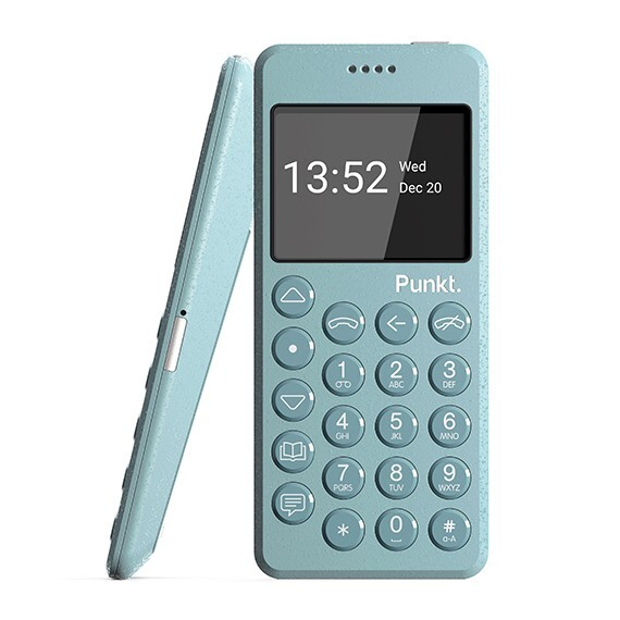 Side and front view of the Punkt. MP02 4G minimalist phone in light blue, highlighting its compact design, physical keypad, and sleek profile